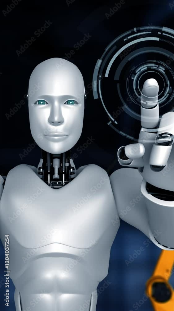 Poster cybernated industry robot and robotic arms for assembly in factory production . concept of artificia