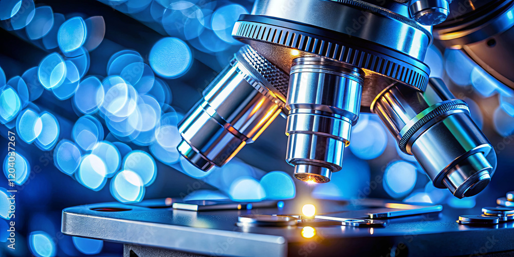 Poster a microscope stands prominently on a lab table, focused on a sample illuminated by vibrant lights. t