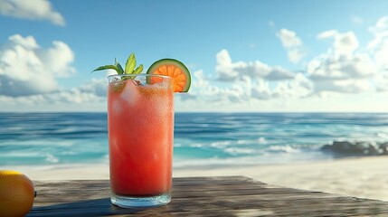 Obraz premium Tropical cocktail with fresh fruit slices, ice, and mint, sitting on a table under sunny skies with a pristine beach in the background.