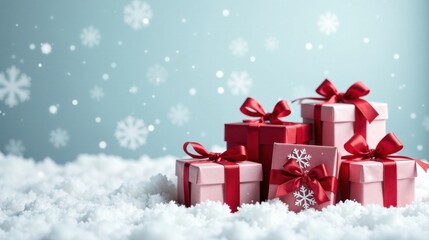 Winter Wonderland Gift Presentation Festive Pink and Red Presents Nestled in Sparkling Snow