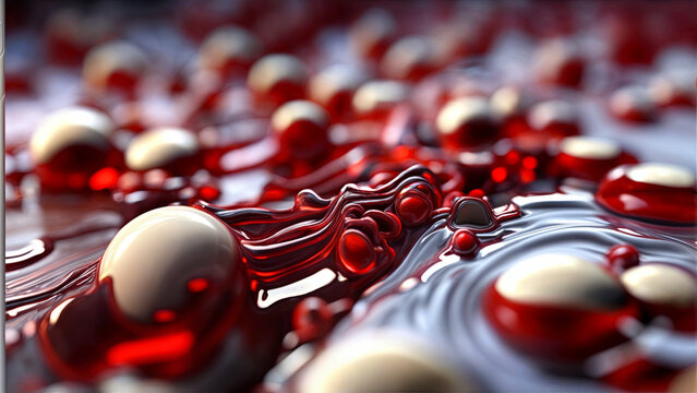 Vivid red droplets of liquid create a dynamic surface texture, reflecting light in intricate patterns. The close-up perspective showcases the movement and depth of the liquid