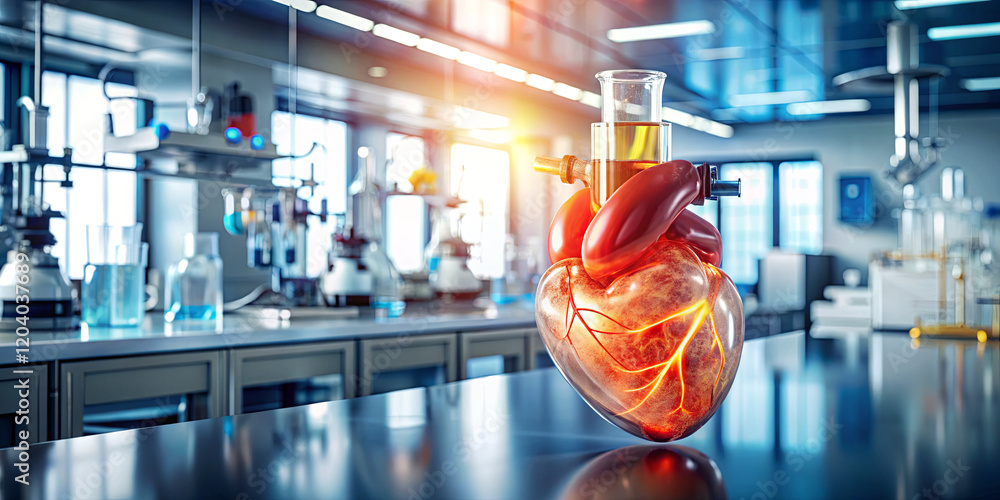 Poster a detailed heart model is placed on a sleek lab table. the model features illuminated veins and is c