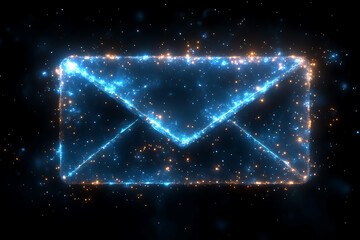  A glowing frame of an isolated empty envelope in a minimalistic style, on a transparent background highlighted by a combination of blue and black data points.