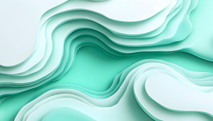 Fototapeta premium Abstract teal and white layered paper design; calming, wavy organic shapes; modern minimalist background.