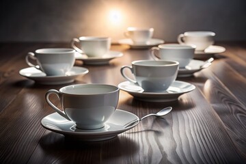 Fototapeta premium Surreal Elegant White Tea Cups & Saucers on Table Setting - Fine Dining Aesthetic Stock Photo