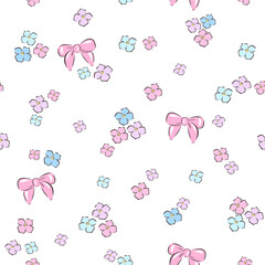 Vector illustration. Seamless pattern of pink bows and flowers on a light background with dots. Girly background, cute fabric design, postcard template, wallpaper, website, banner