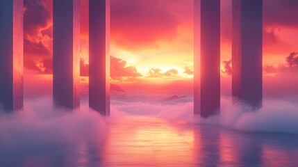 Ethereal Sunset Through Ancient Pillars Over a Misty Landscape