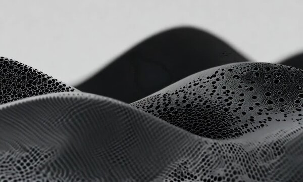 Abstract black landscape with textured waves and perforated patterns on surface