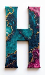 Artistic number or letter crafted with marble-like textures in teal and navy, accented by gold veins on a white background
