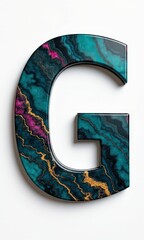 Artistic number or letter crafted with marble-like textures in teal and navy, accented by gold veins on a white background
