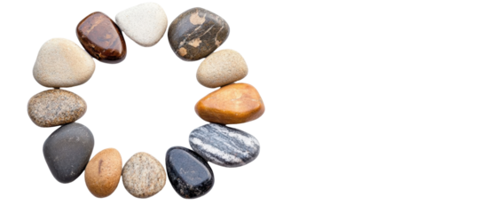 Colorful stones arranged in a circular pattern. transparent background