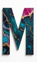 Artistic number or letter crafted with marble-like textures in teal and navy, accented by gold veins on a white background
