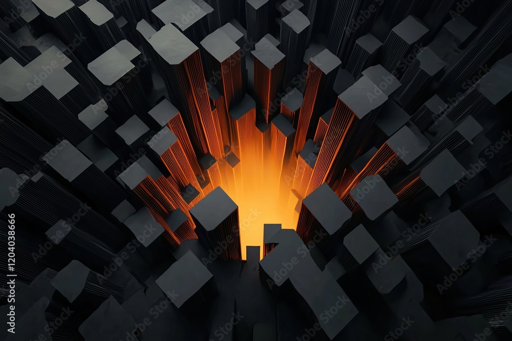 Poster aerial view of a dark, geometric landscape with a glowing orange core, suggesting depth and complexi