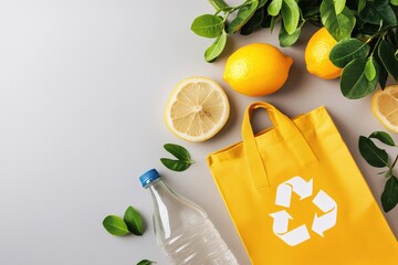 Sustainable Living Eco Friendly Lifestyle Yellow Bag Lemons Water Bottle