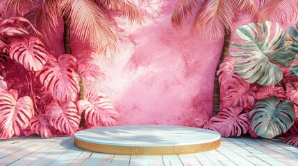 Tropical Pink Background with Leaves and Display Platform
