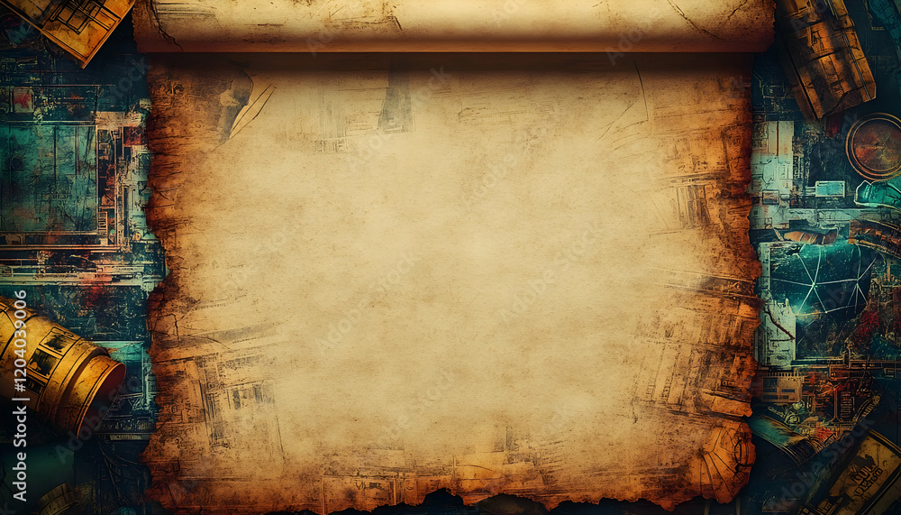 Aufkleber antique parchment scroll background with aged architectural blueprints and technological schematics;