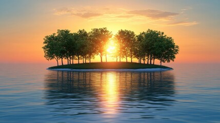 Serene Sunrise Over Tranquil Island Surrounded by Calm Waters