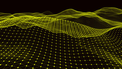 Obraz premium Abstract Yellow Wireframe Grid with Wavy Surface on a Dark Background minimal art