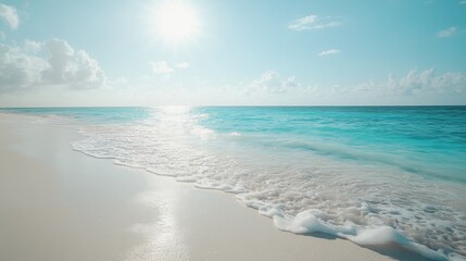 Breathtaking Calm Ocean Waves and Bright Sunlight on Sandy Shore