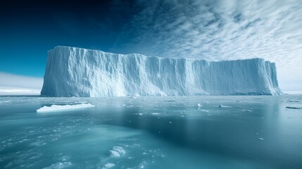 A large block of iceberg in the icy waters of Antarctica. Wall of ice in soft colors on the frozen ground.