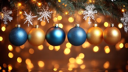 Festive Christmas ornaments hang from a decorated tree