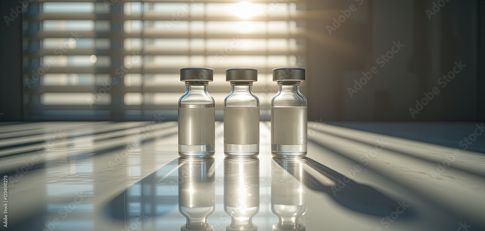 Poster three transparent vials containing liquid stand on a table, illuminated by sunlight streaming throug