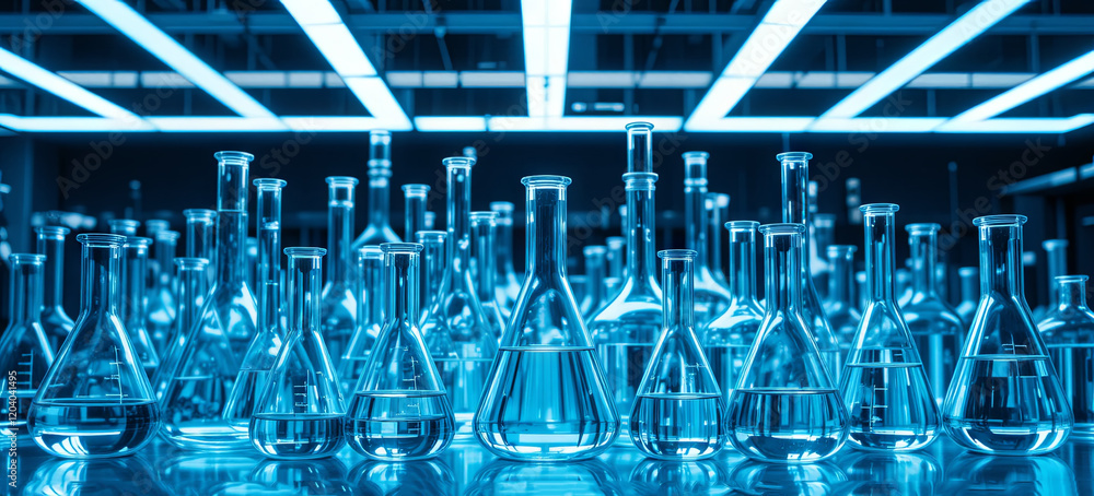 Poster numerous laboratory flasks and bottles filled with clear liquid are meticulously arranged on a count
