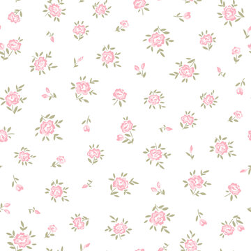 Seamless pattern of cute small rose flower with green leaves for girl, woman, fot fashion fabric print of ditsy style. Pink color of floral vector illustration