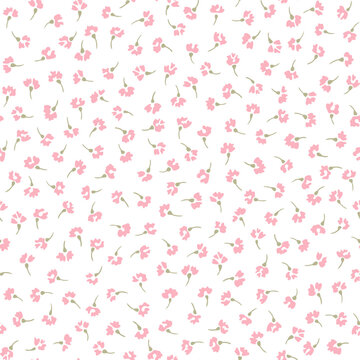 Seamless pattern of cute small rose flower with green leaves for girl, woman, fot fashion fabric print of ditsy style. Pink floral vector illustration