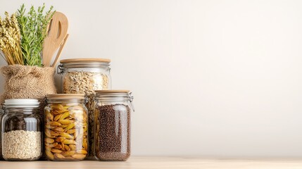Rustic Kitchen Still Life Jars Oats Grains Herbs Wooden Spoons