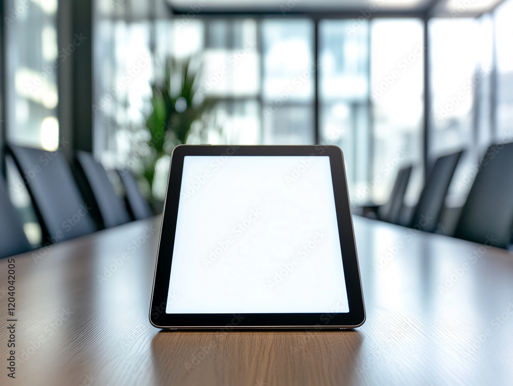 Poster blank tablet with a white screen placed on a conference table in a modern office setting