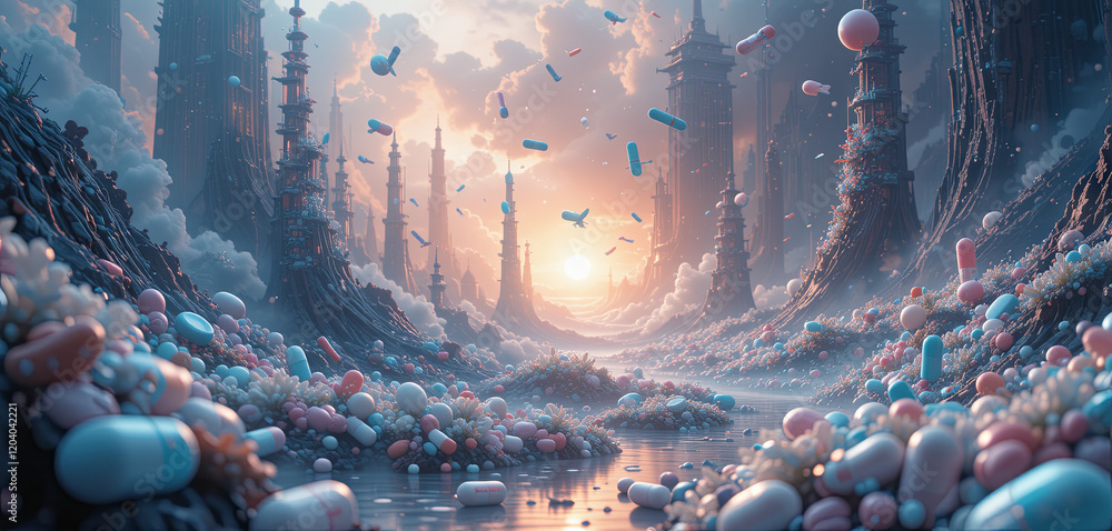 Poster a vibrant landscape features an array of colorful pills scattered along a reflective body of water. 