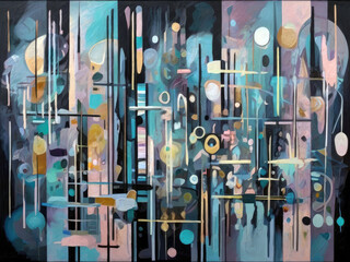 Pastel shades abstract artwork painting of long thin geometric rectangles crossing at right-angles	