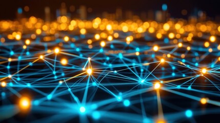 Abstract Network of Lights in Depth with Glowing Web Connections