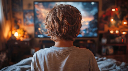 Fototapeta premium A boy viewed from behind, engrossed in a video game, surrounded by glowing screens and posters in a nostalgic bedroom