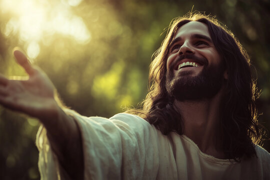 Jesus Christ smiling, raising His hands to heaven in prayer, calling sinners to repentance &ndash; Concept of salvation and divine grace