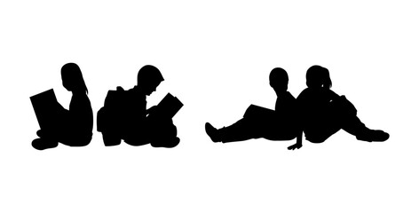 Two kids sitting together reading books vector set