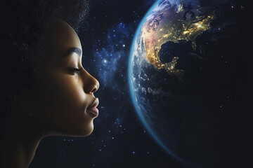 Woman gazing at Earth from space, contemplating the planet