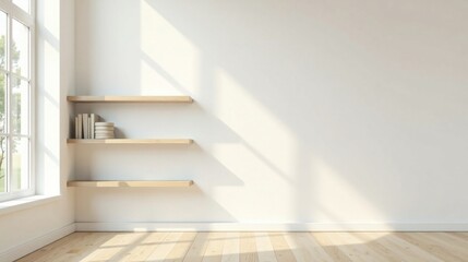 Obraz premium Sunlight Illuminates Minimalist Room with Simple Wooden Shelving and Books