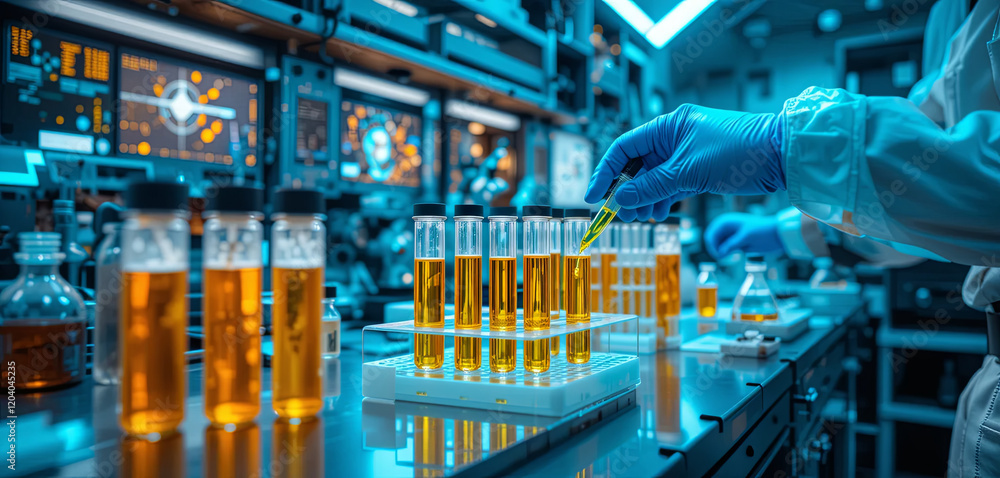Poster in a high-tech laboratory, a scientist in protective gloves carefully adds a drop of solution to mul