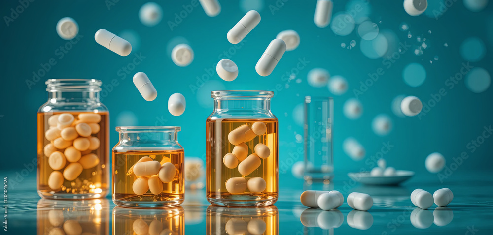 Poster several glass containers filled with liquid hold different types of capsules and tablets. some capsu