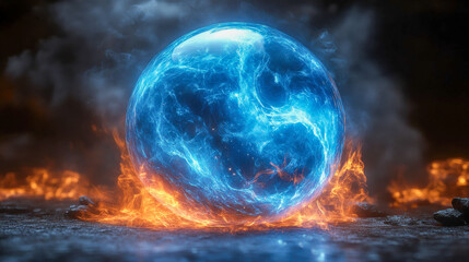 Glowing blue energy sphere with swirling light trails in a dark, smoky atmosphere. A concept of power and mysticism