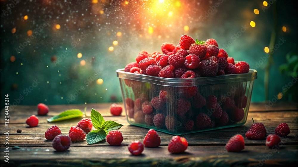 Canvas Prints Surreal Photo: Fresh Raspberries in Plastic Box on Rustic Wooden Table