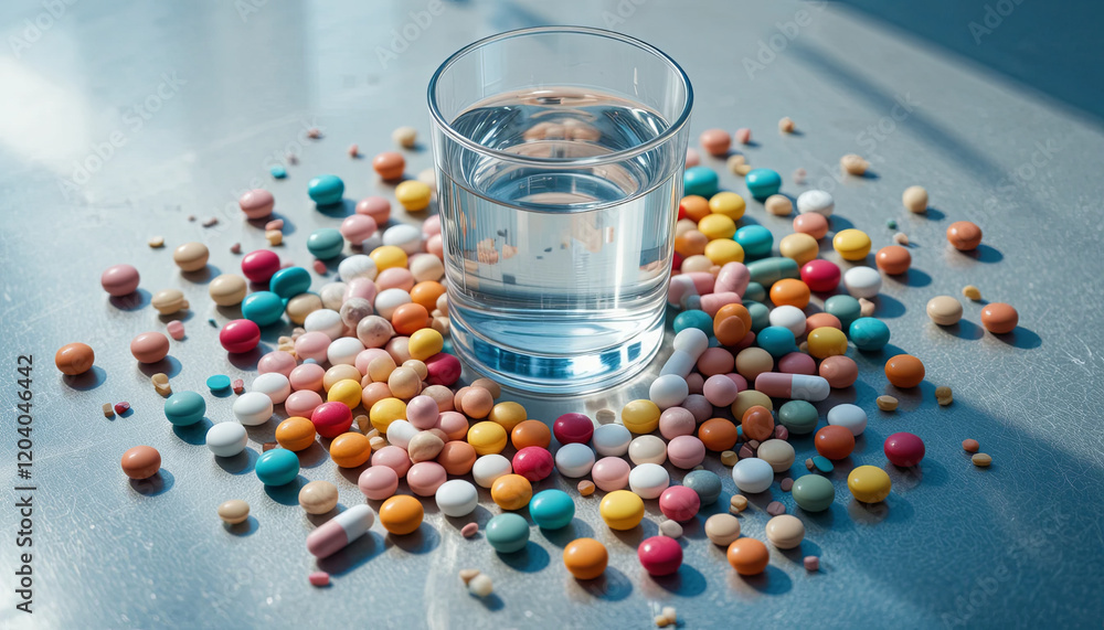 Poster a glass containing clear water is centered on a surface, surrounded by an array of colorful pills in