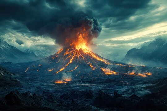 A dramatic landscape with a volcano erupting in the background.
