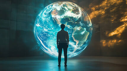 A scientist standing in front of a glowing Earth hologram, forecasting climate changes. (1)