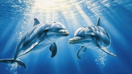 Fototapeta premium Two dolphins swimming in clear blue ocean water with sunlight streaming through the surface