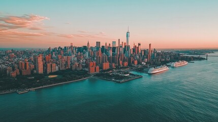 Fototapeta premium Aerial View of New York City Skyline at Sunset with Water Reflection