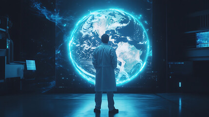 A scientist standing in front of a glowing Earth hologram, forecasting climate changes. (2)