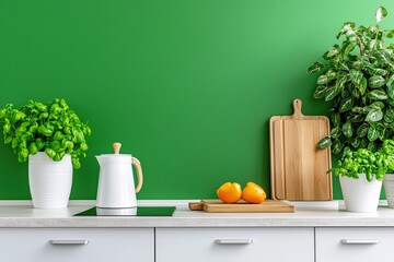 Modern Kitchen Still Life Green Wall Basil Peppers Kettle Plants